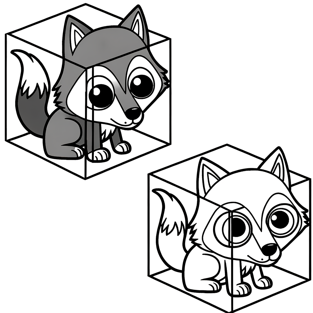 Coloring page showing cute cube-shaped wolf and cat pets with geometric block designs