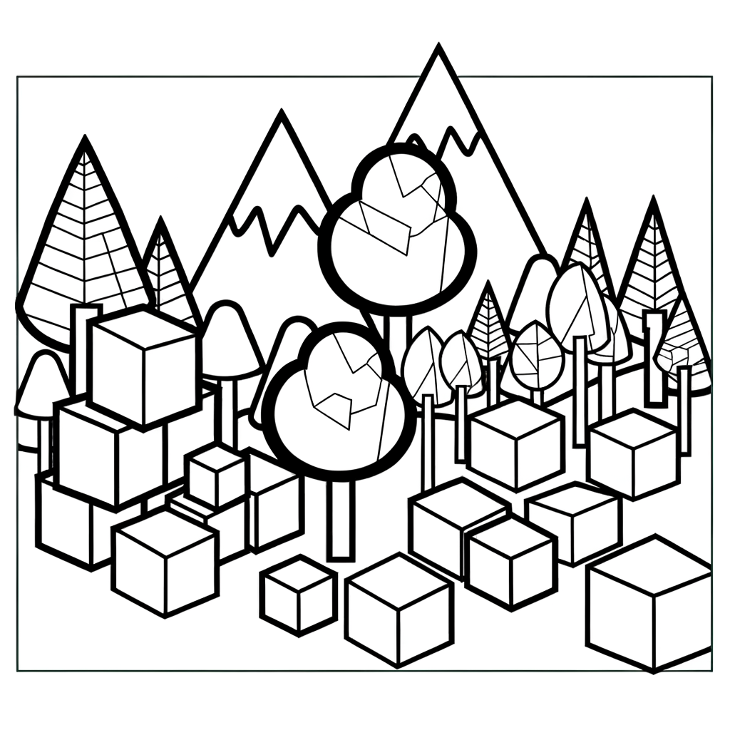 Coloring page featuring a cube-shaped world with blocky geometric trees and angular mountains in pixel art style