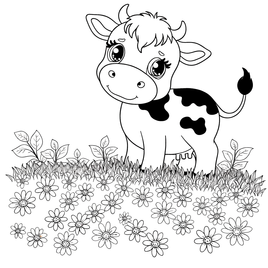 cute baby cow in meadow with flowers coloring page