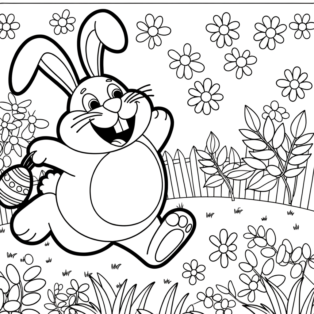 Cute cartoon Easter bunny hopping through spring garden with flowers coloring page