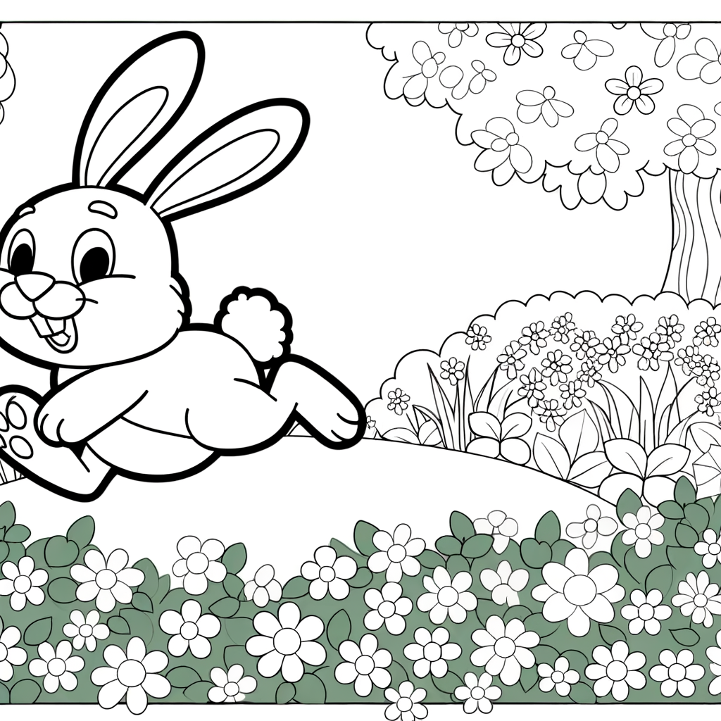 Cute cartoon Easter bunny hopping through spring garden with flowers coloring page