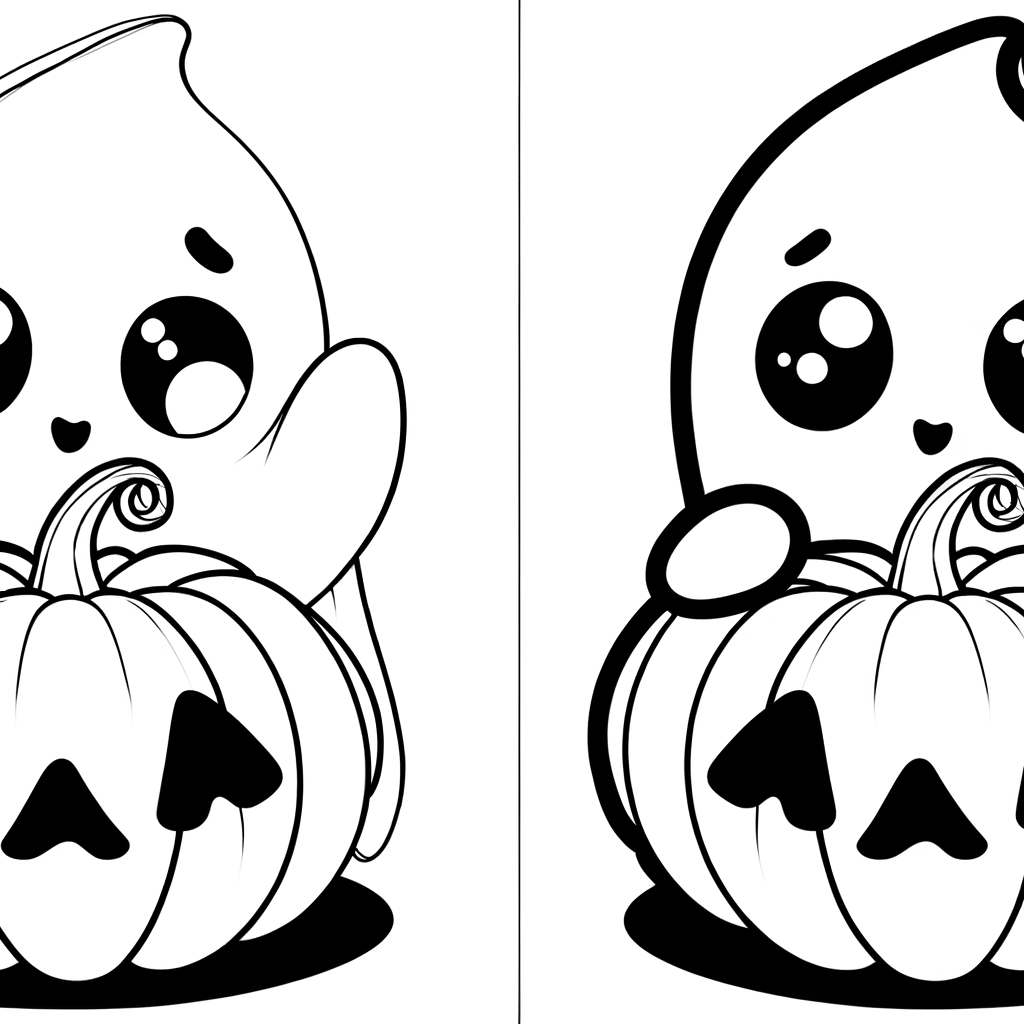 Cute cartoon ghost hiding behind pumpkin coloring page with thick black outlines