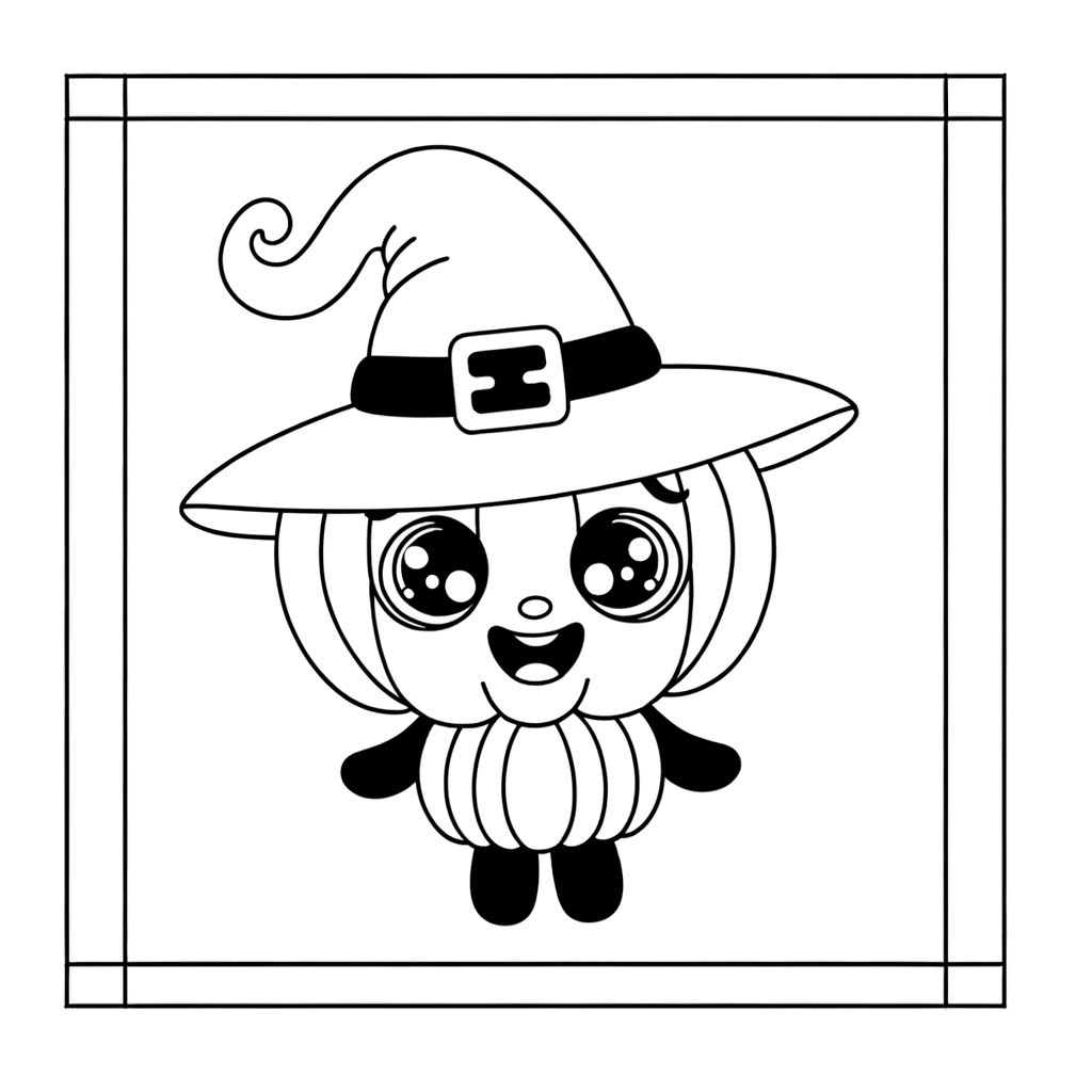 Cute cartoon pumpkin wearing witch hat coloring page with thick outlines on white background