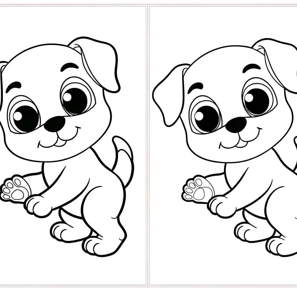 Cute cartoon puppy learning to walk coloring page with thick outlines on white background