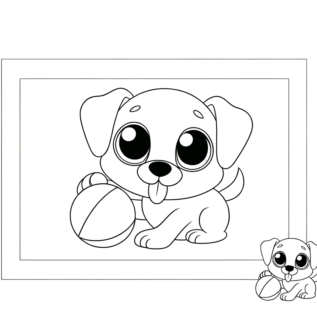 Cute cartoon puppy playing with ball coloring page with simple line art