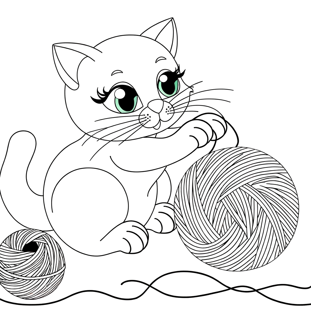 cute cat playing with yarn coloring page