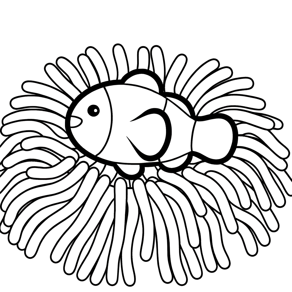 Illustration of a cute clownfish inside a sea anemone for coloring