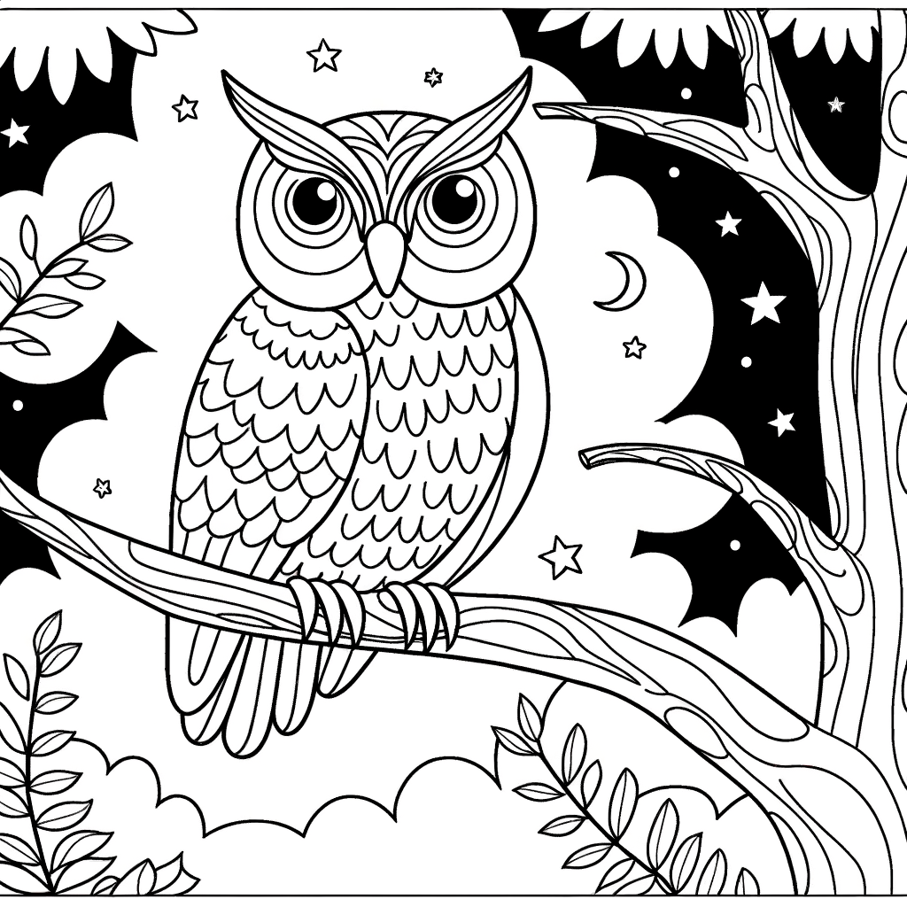 cute owl sitting on a tree branch at night coloring page