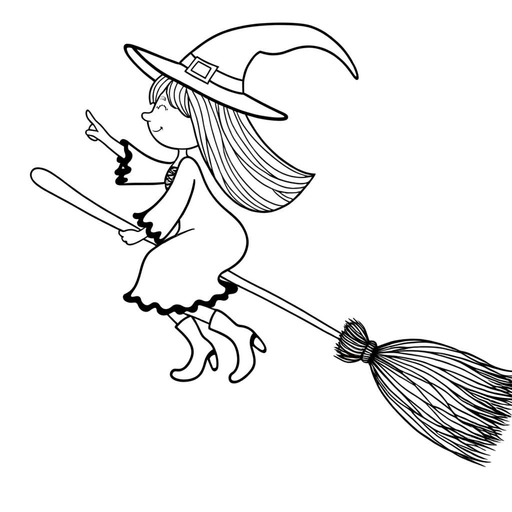 Cute witch flying on a broomstick coloring page