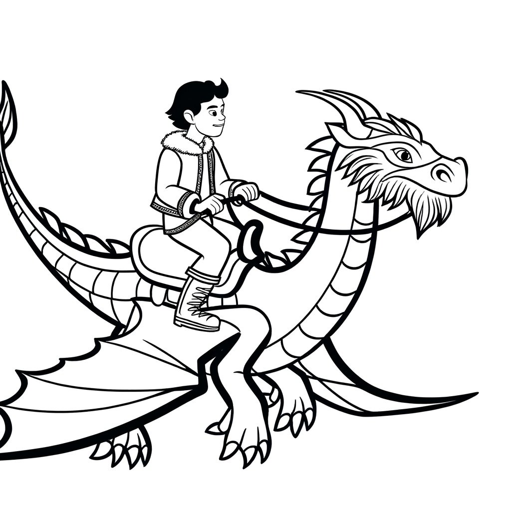 A fantasy coloring page featuring a dragon rider on a dragon back.