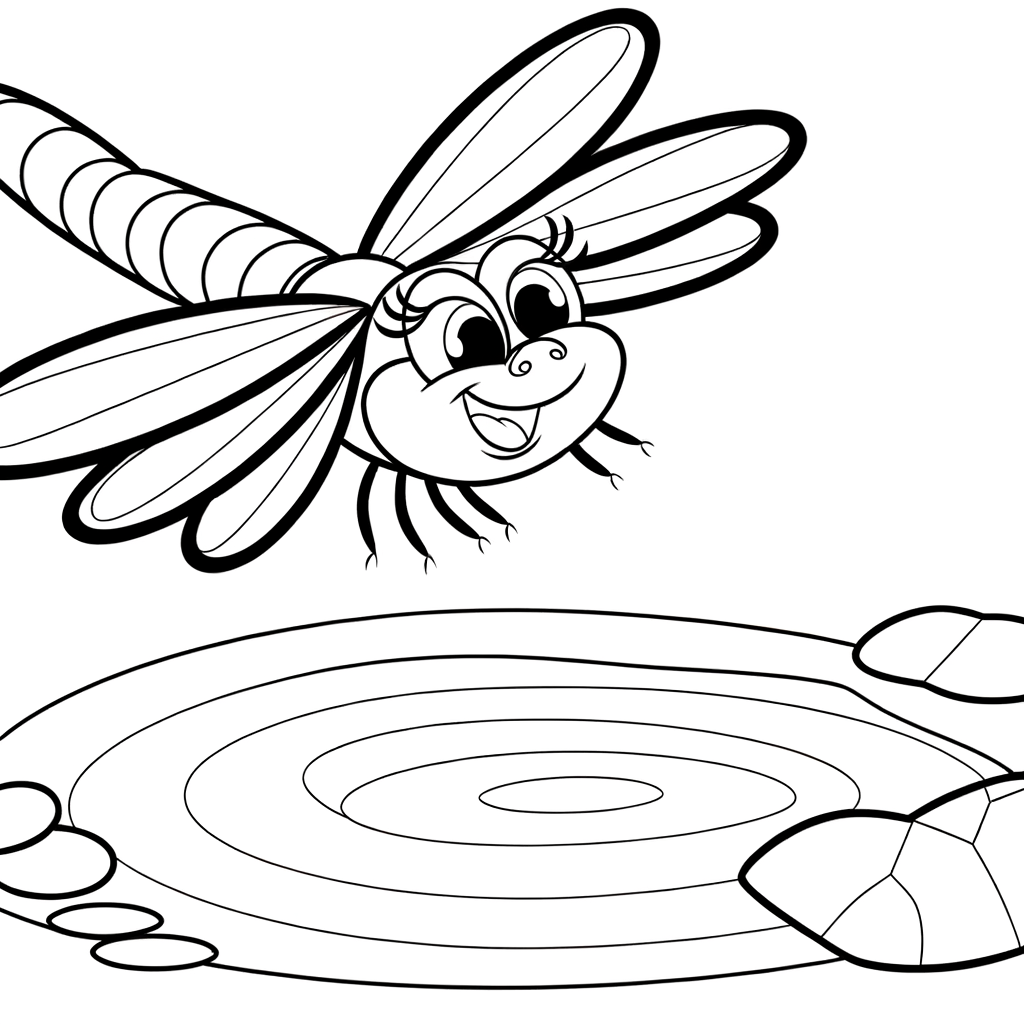 Dragonfly hovering over a tranquil pond, coloring page