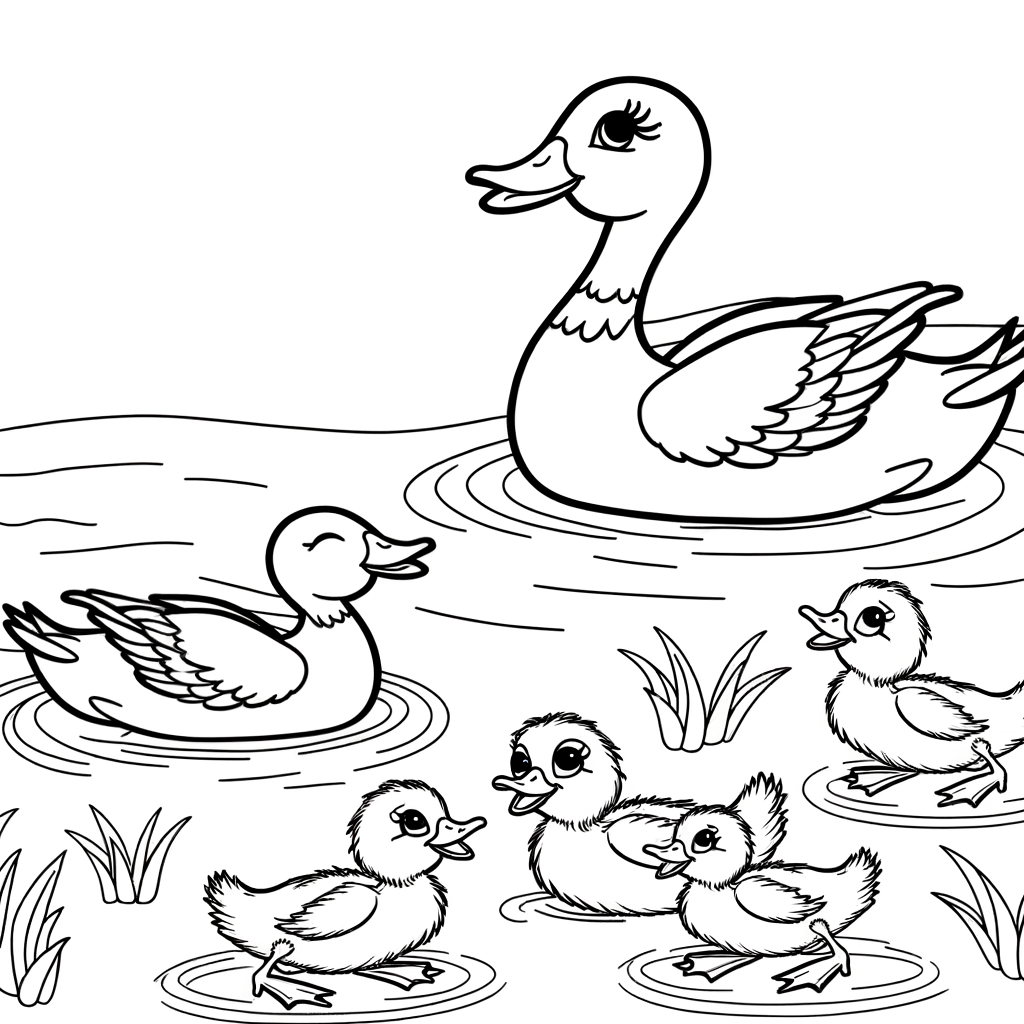 Duck family swimming with ducklings coloring page