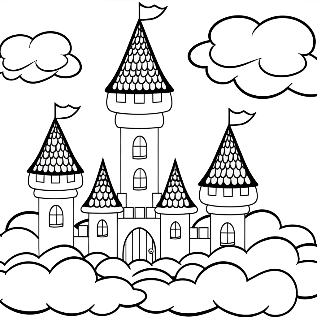 Enchanted castle surrounded by clouds coloring page