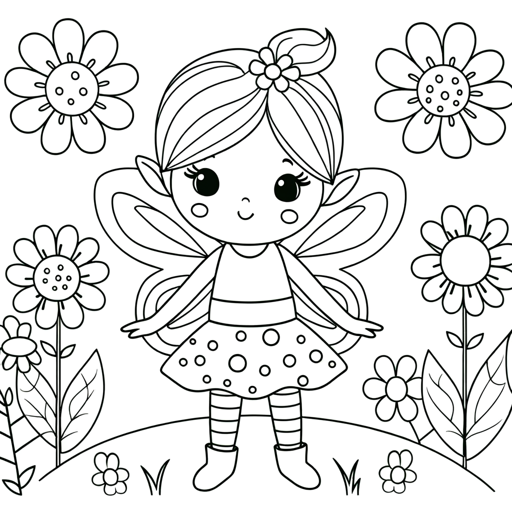 Coloring page featuring a fairy in a flower garden