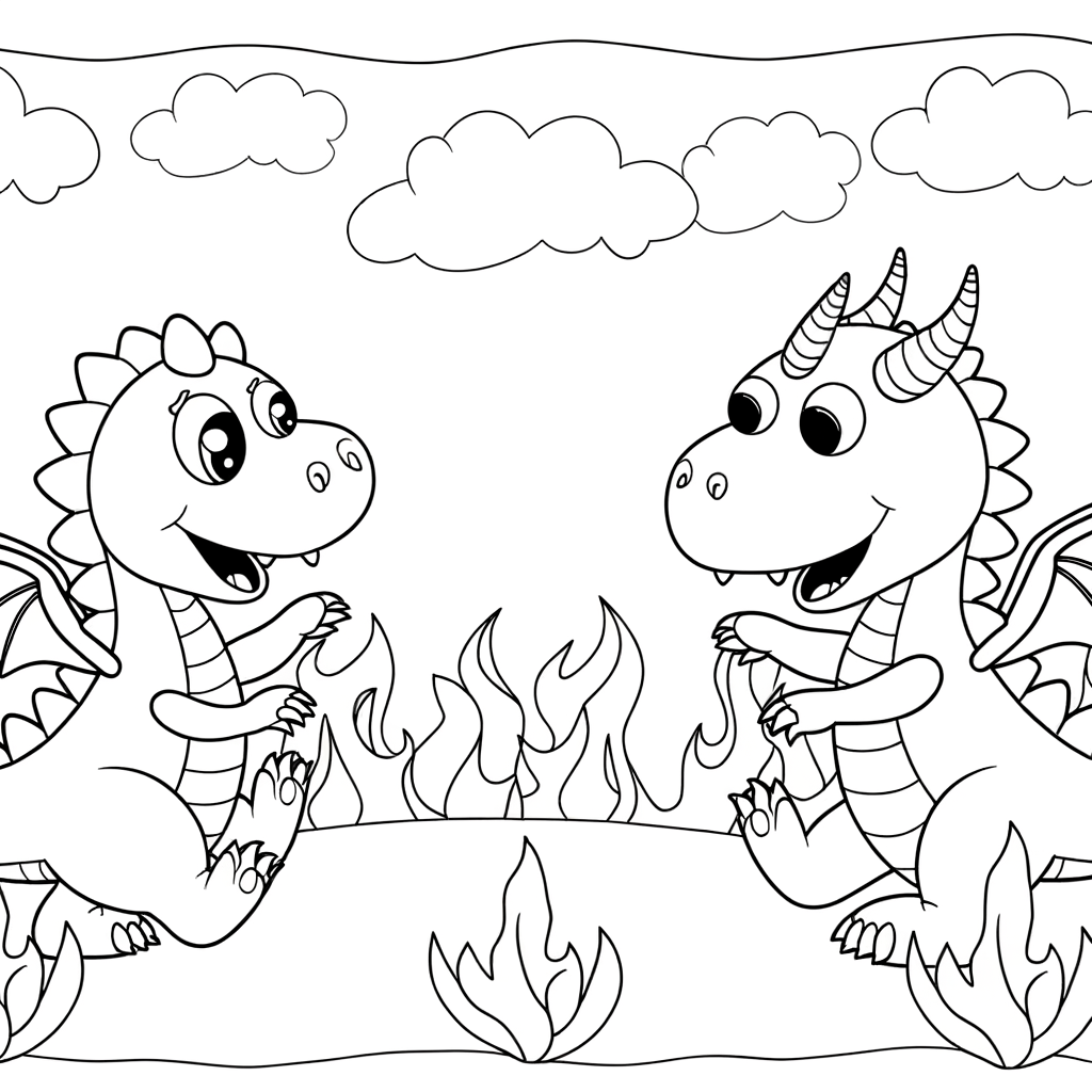 Coloring page of a fierce dragon battle scene