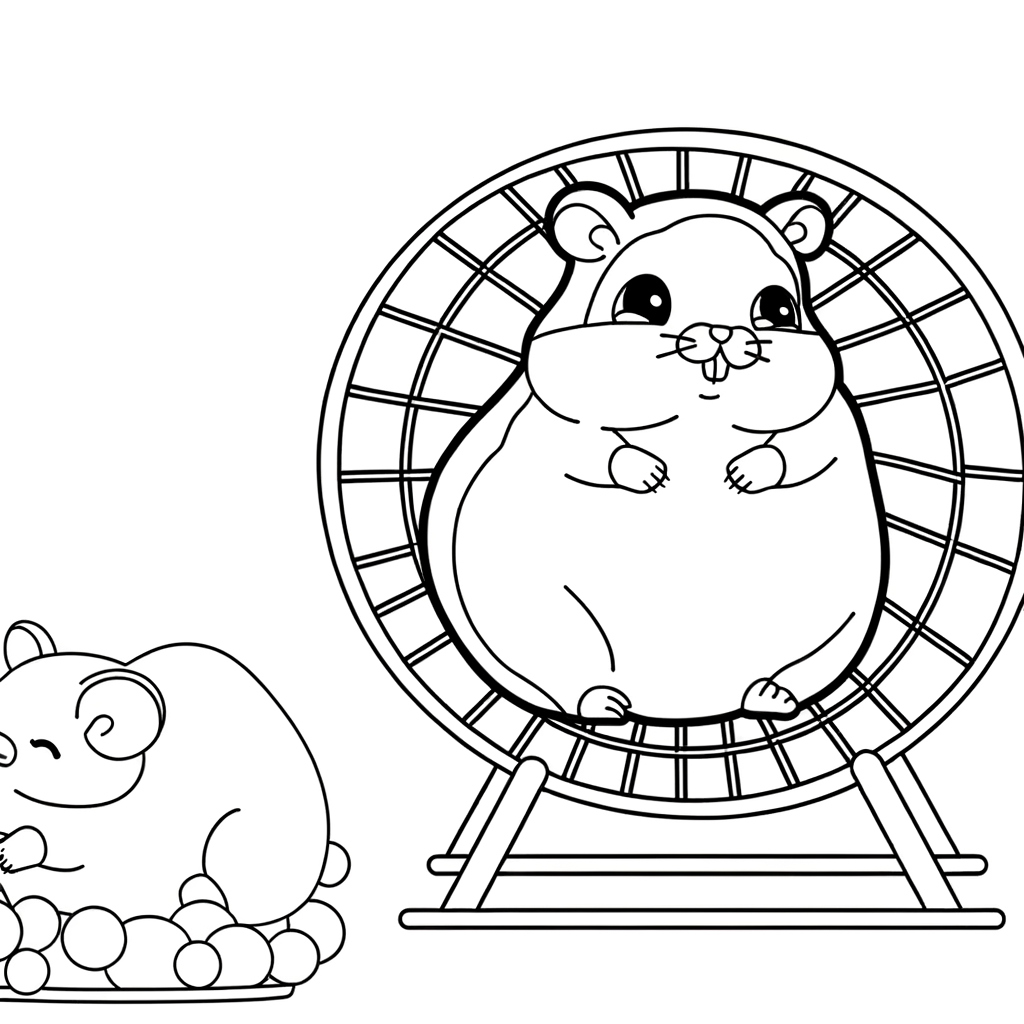 Coloring page: Fluffy hamster running in an exercise wheel
