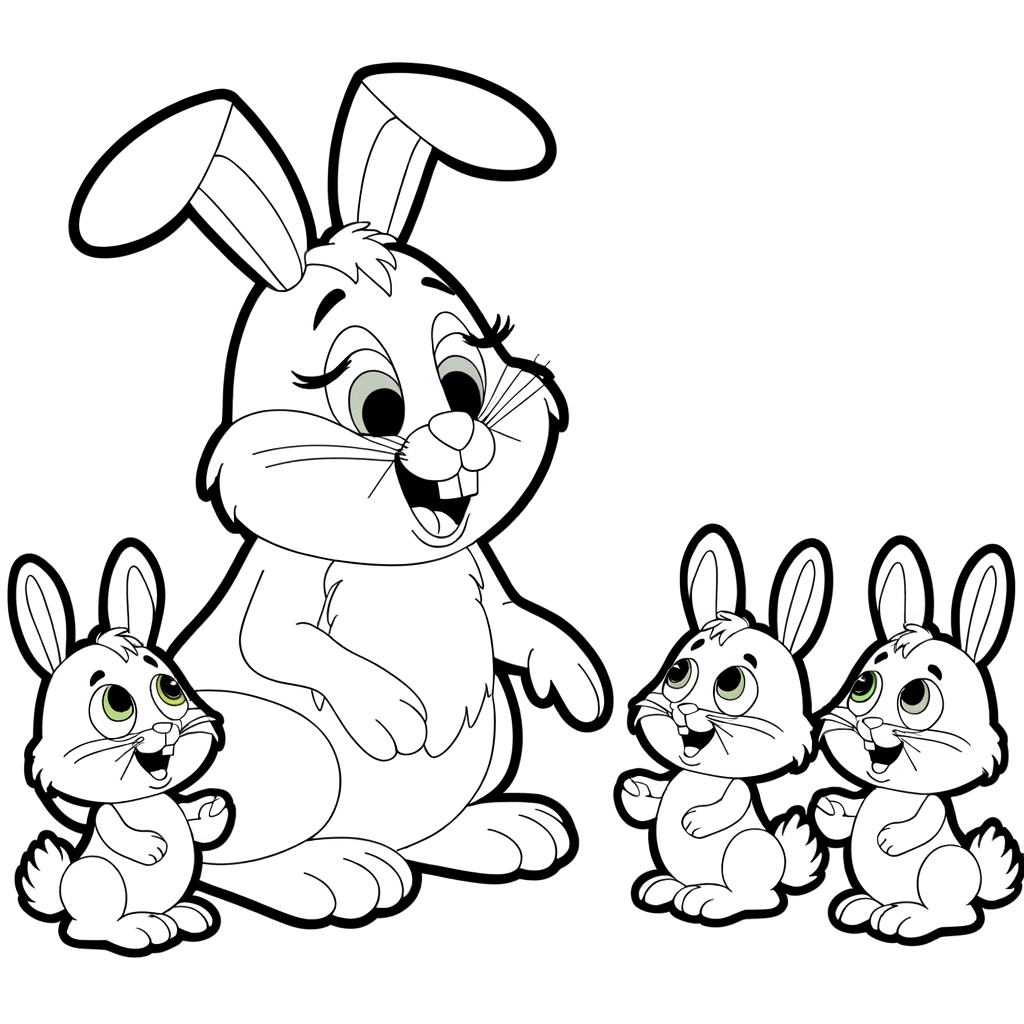 Easter bunny family coloring page showing mother rabbit with baby bunnies in simple cartoon style