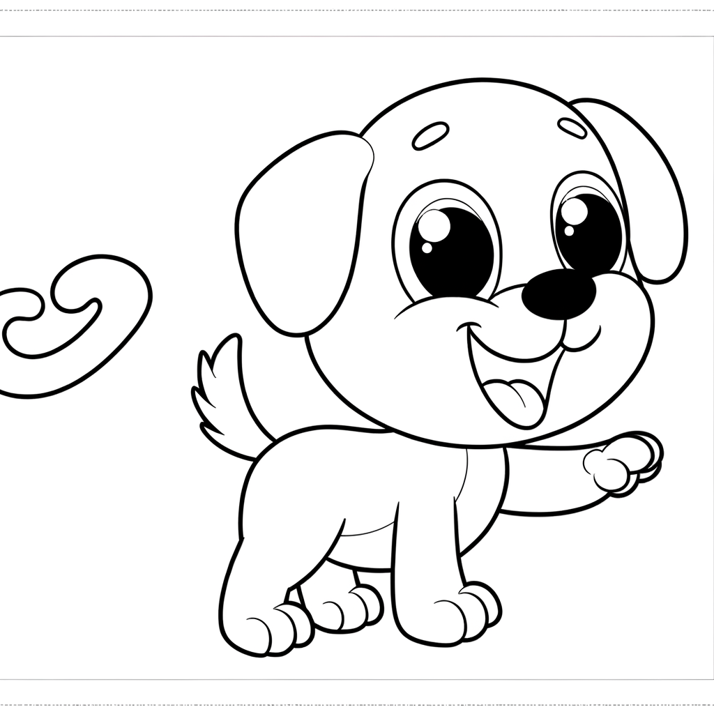 Coloring page of a happy cartoon puppy with wagging tail in excited greeting pose with thick black outlines