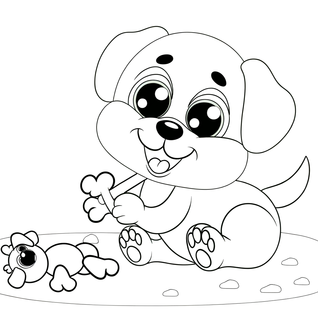 Friendly cartoon puppy playing with chew toy coloring page with thick outlines on white background