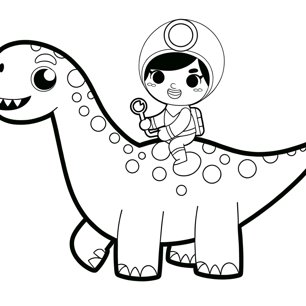 Coloring page of a friendly dinosaur being ridden by a plumber