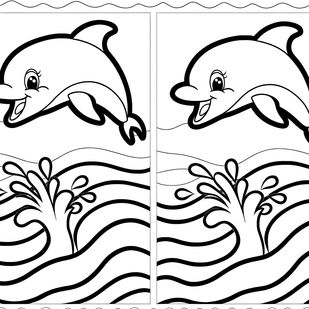 A friendly dolphin jumping over ocean waves, ready to be colored