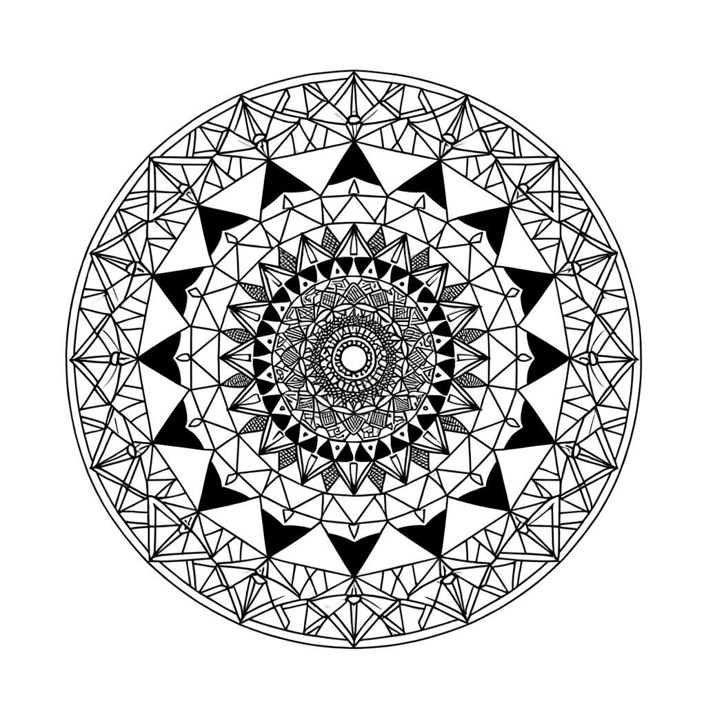 geometric mandala with triangles and circles coloring page