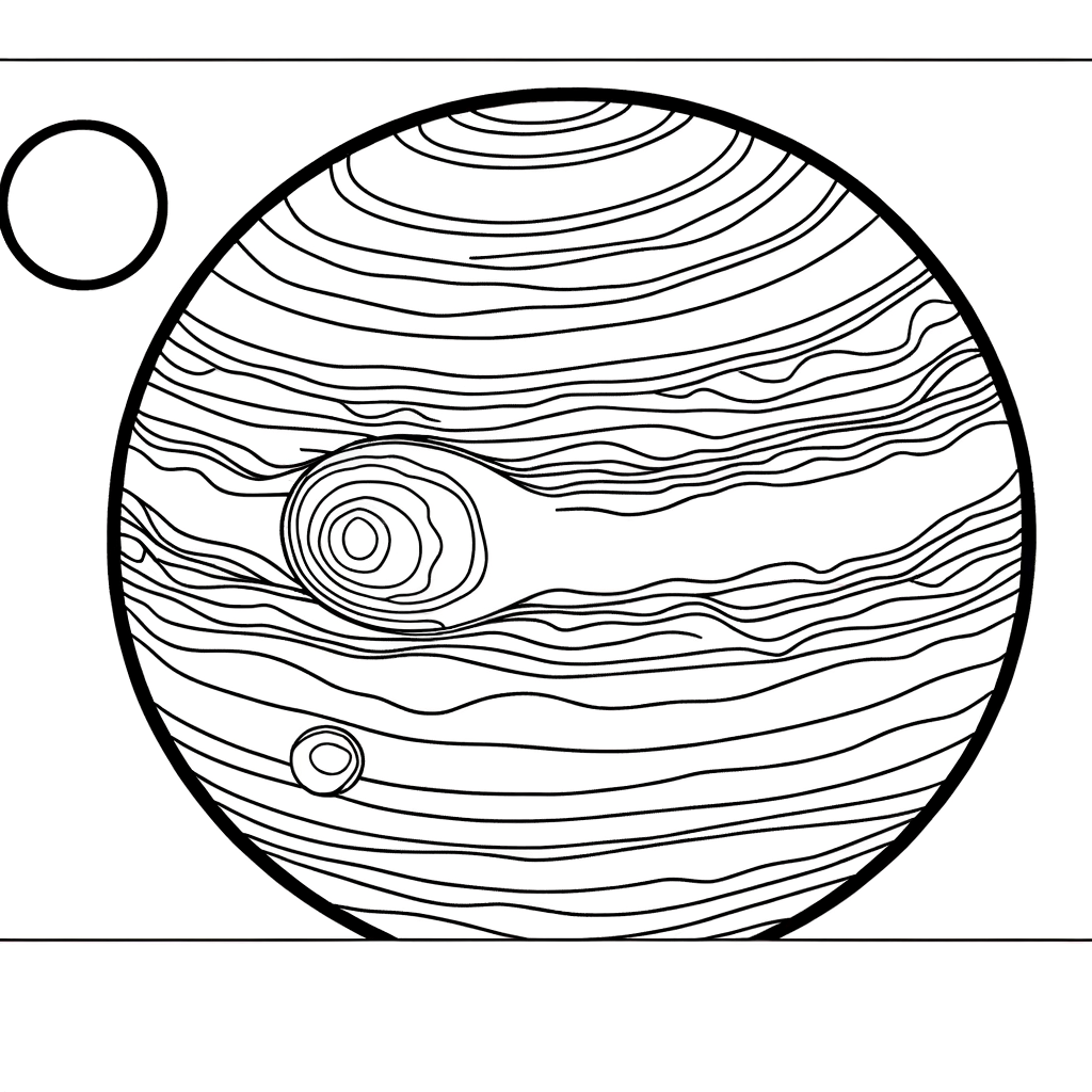 Jupiter planet coloring page showing the Great Red Spot storm and atmospheric bands