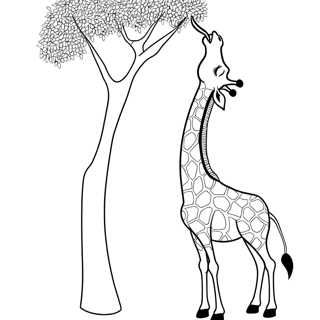 A giraffe reaching and eating from a tall tree coloring page