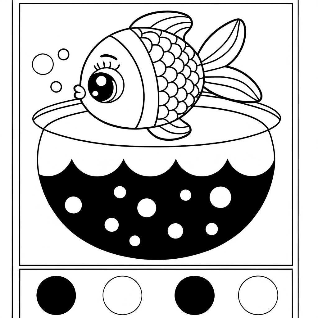 Goldfish swimming in a decorated fish bowl coloring page
