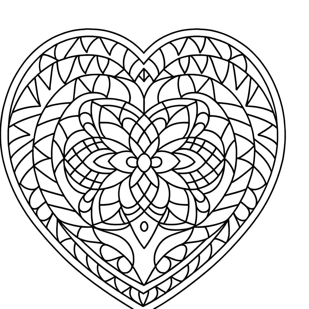 Coloring page with a heart mandala featuring intricate details