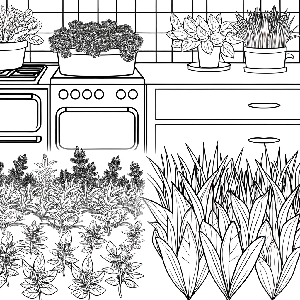 Herb Garden Kitchen Coloring Sheet featuring herbs and plants
