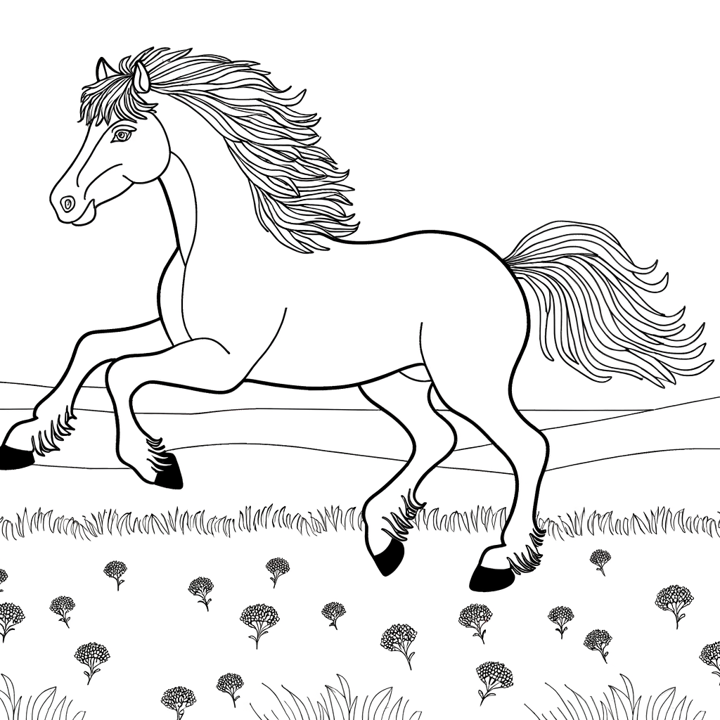 horse galloping through field coloring page