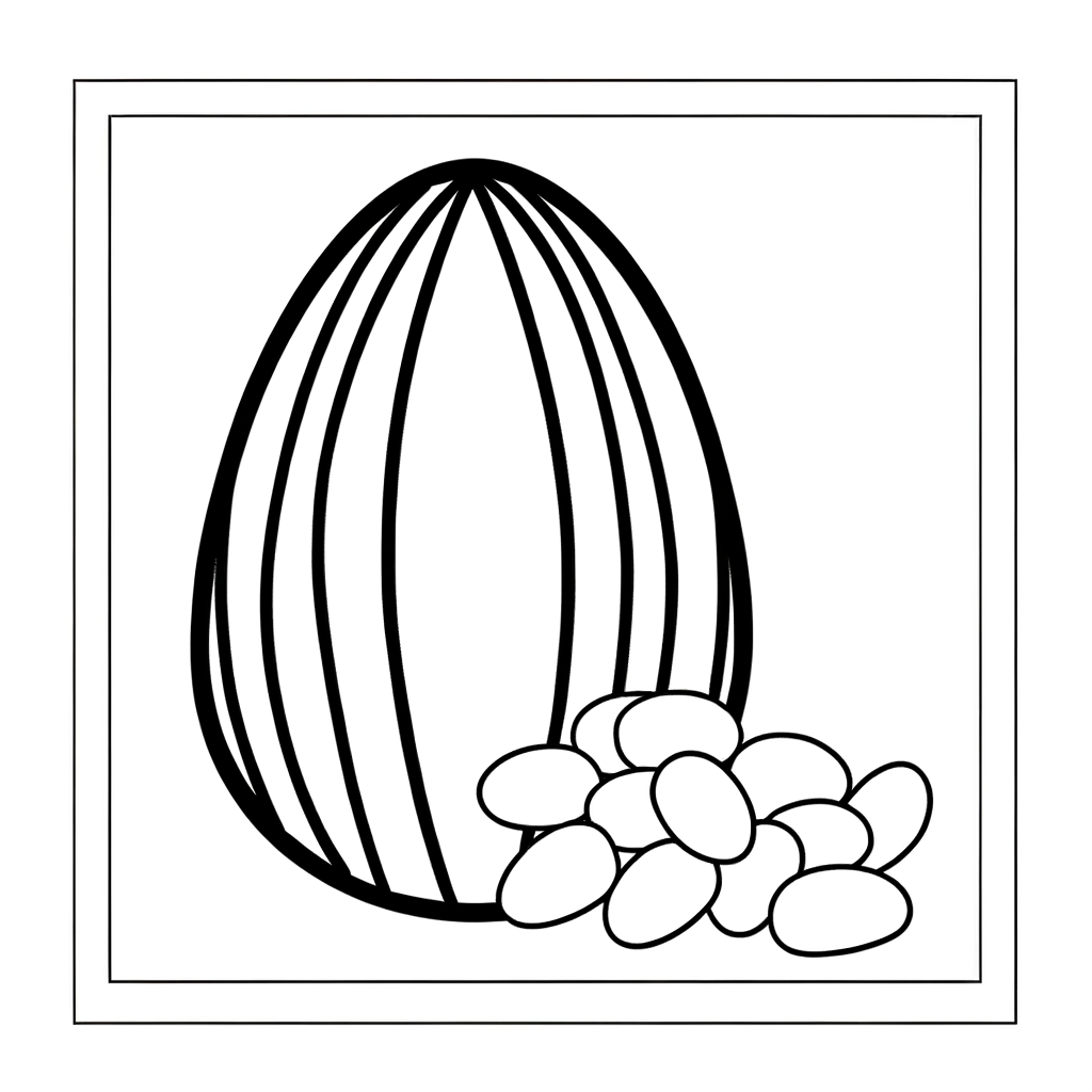 Coloring page of jelly beans spilling out from a cracked decorated Easter egg