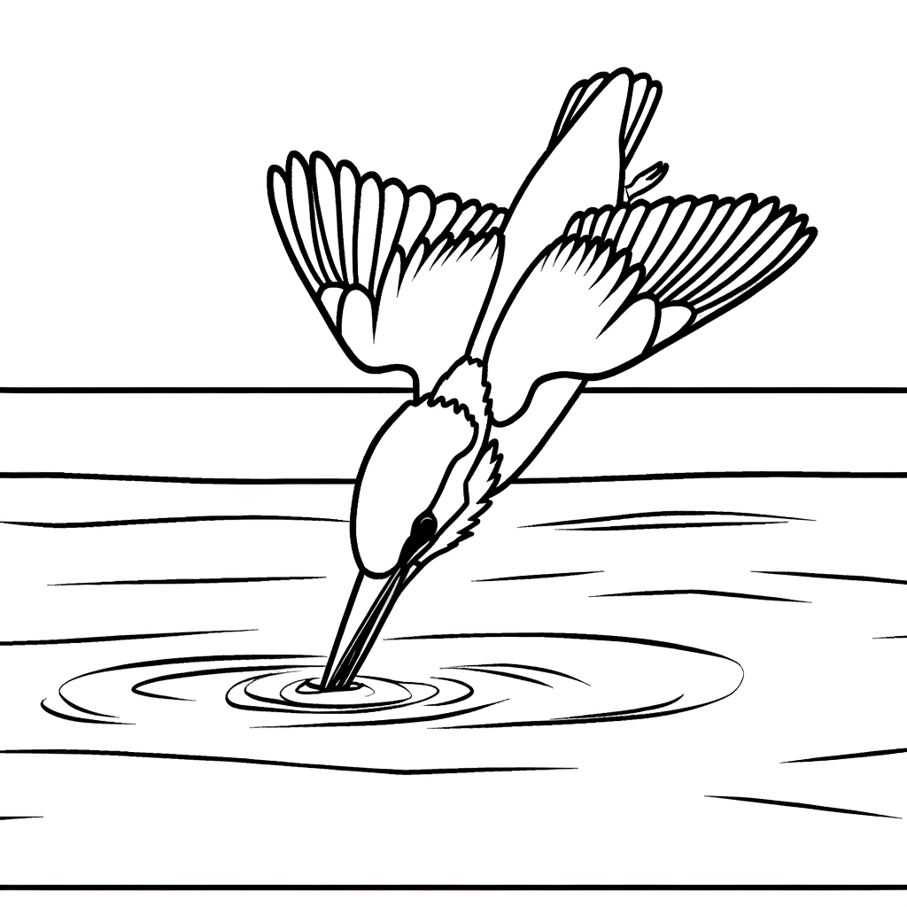 Kingfisher diving into water to catch fish coloring page