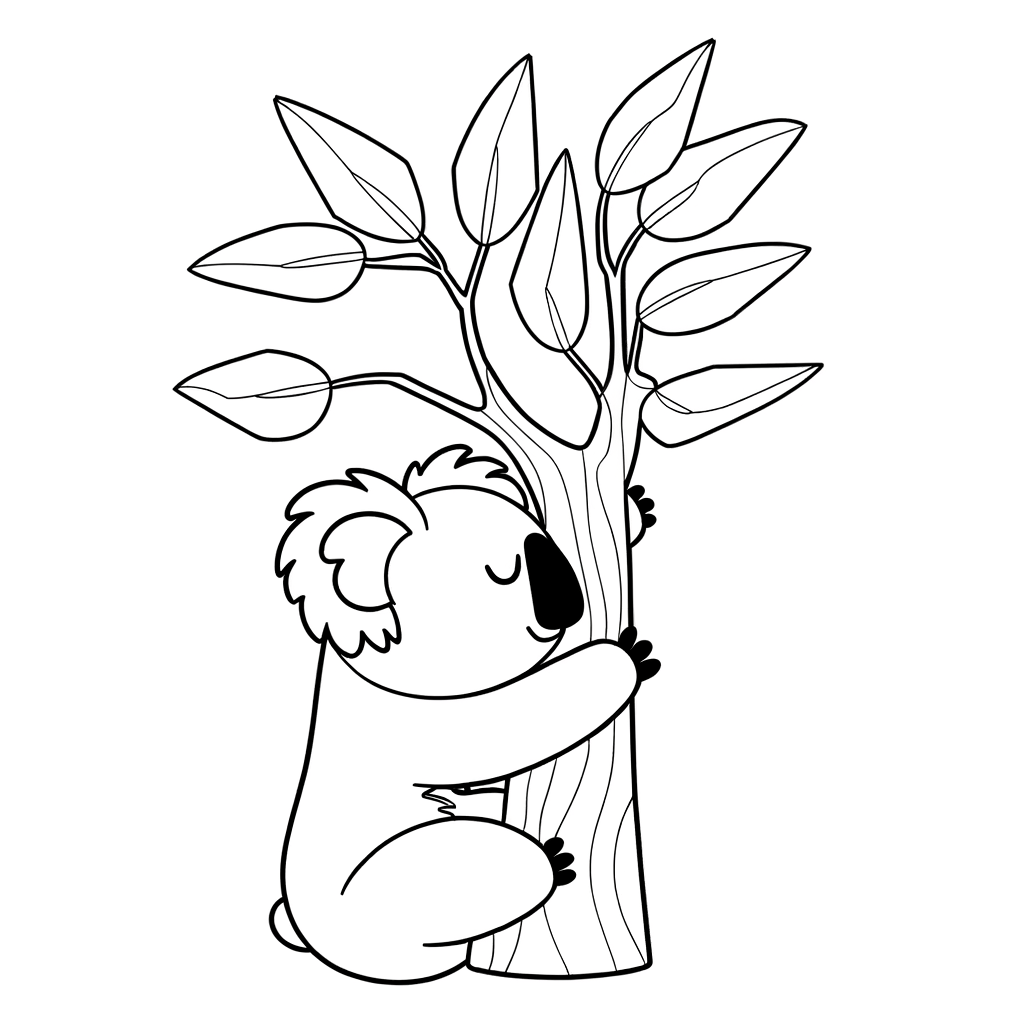 Koala hugging eucalyptus tree coloring page for kids