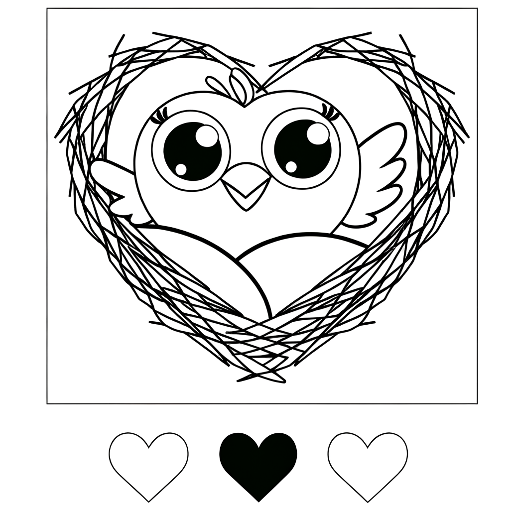 Coloring page illustration of two love birds sitting together in a heart-shaped nest