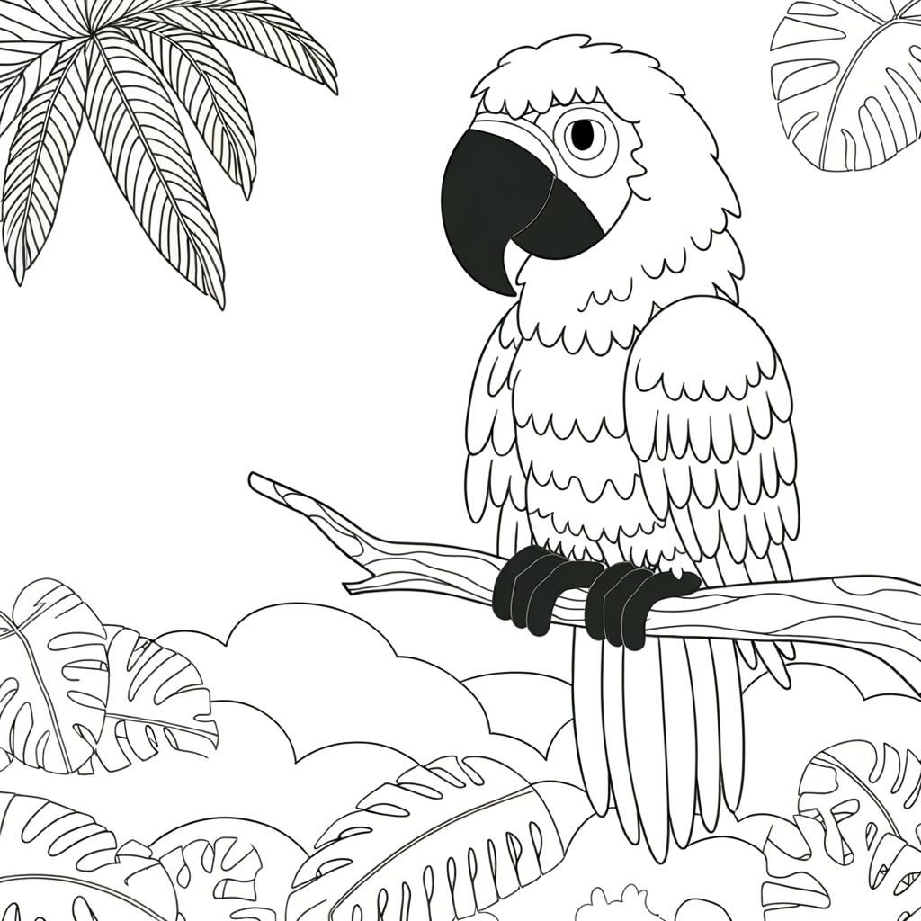 Coloring page of a macaw in a tropical rainforest setting