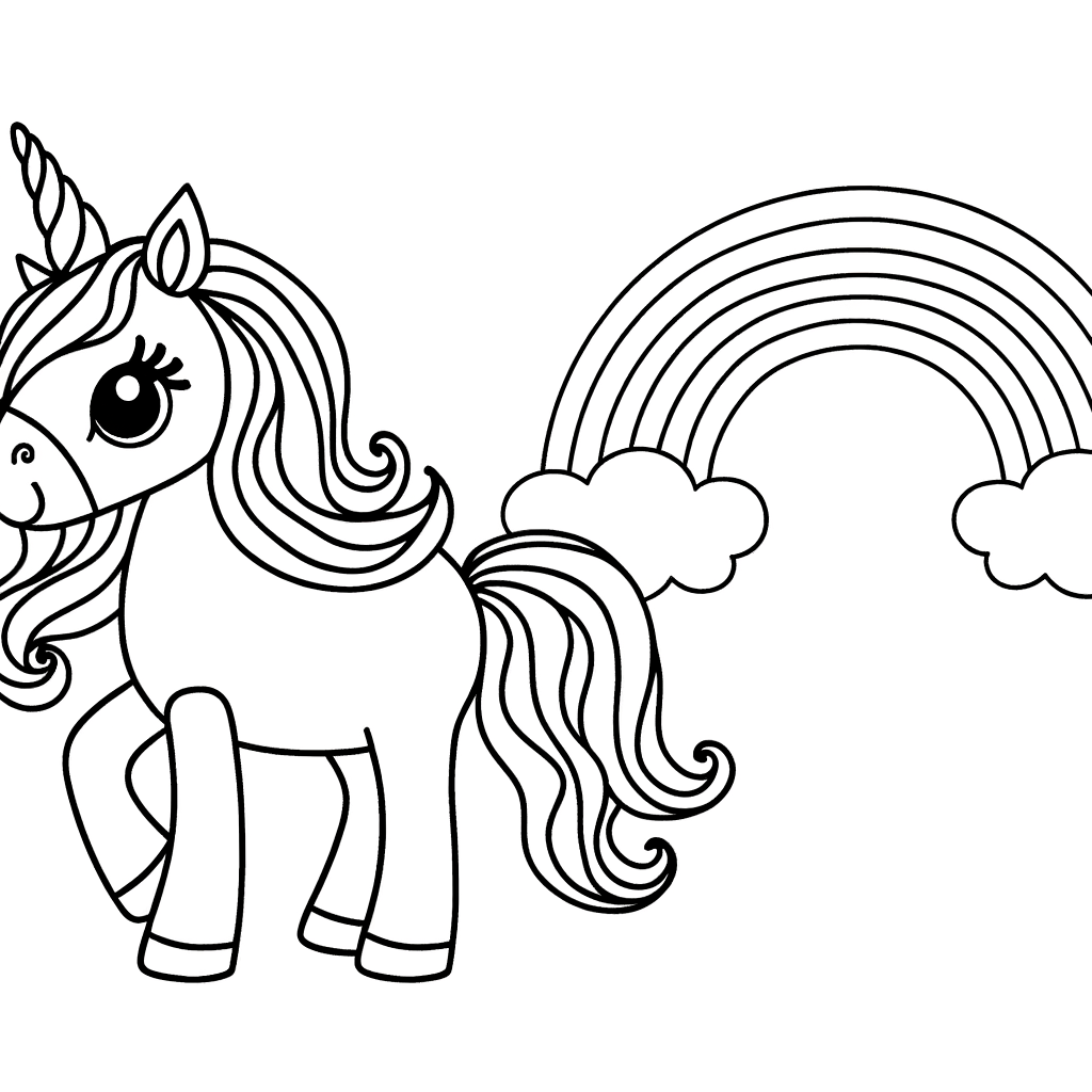 Coloring page of a magical unicorn with a rainbow mane