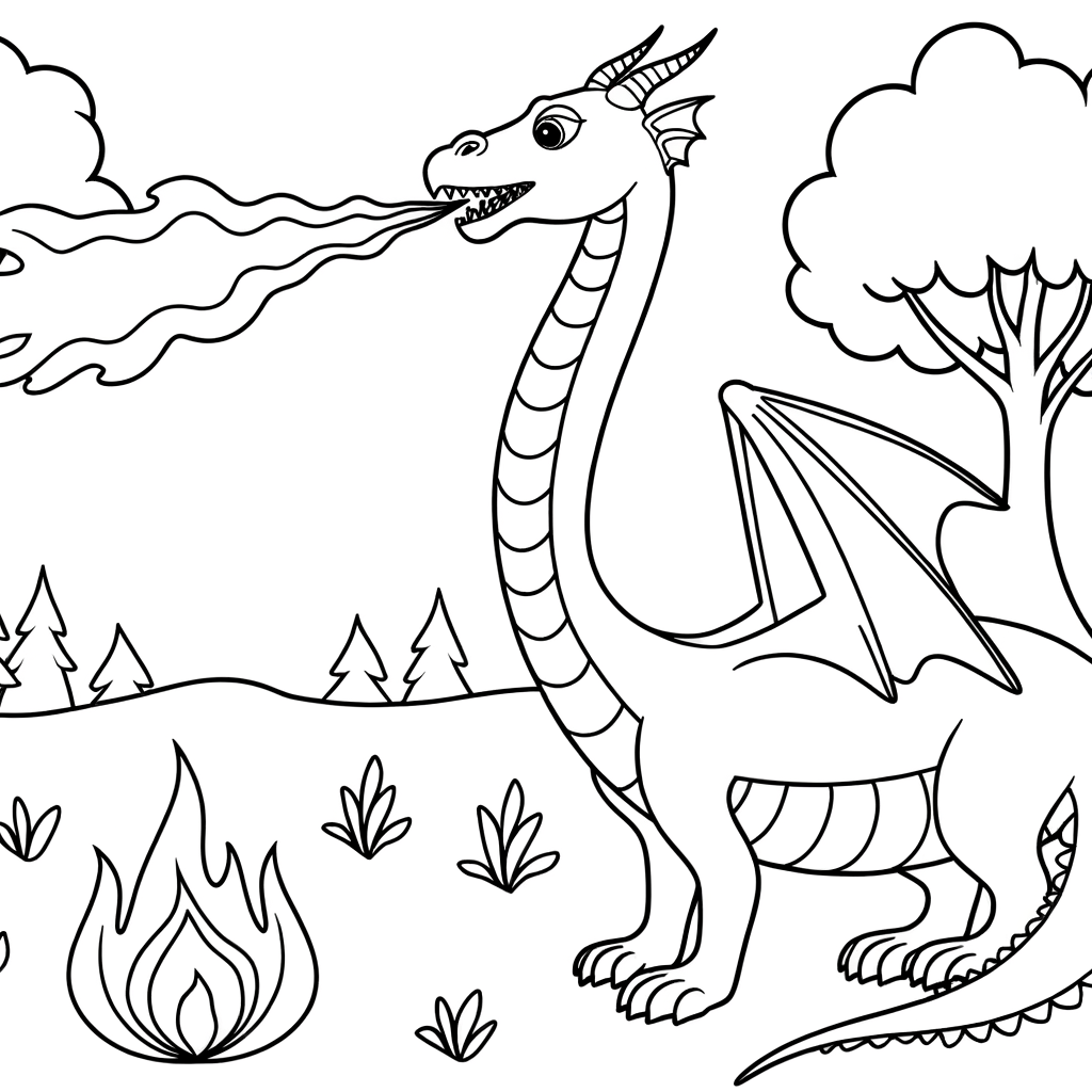 Majestic dragon breathing fire coloring page