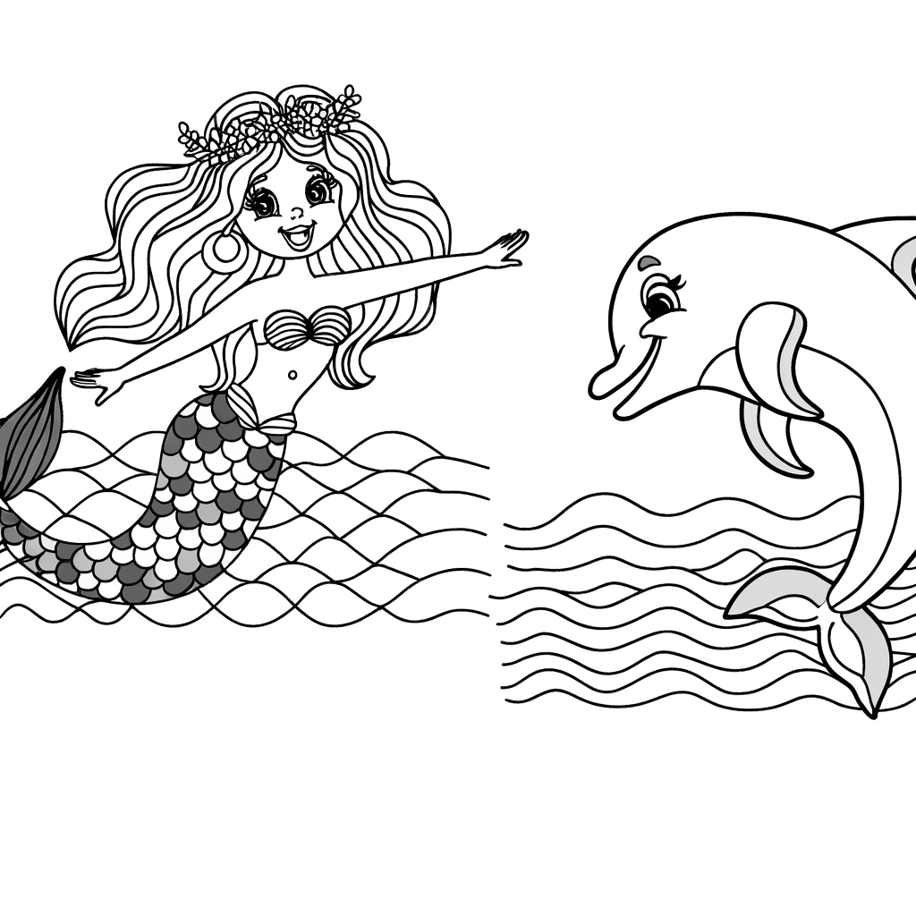 Coloring page of a mermaid and dolphin playing together