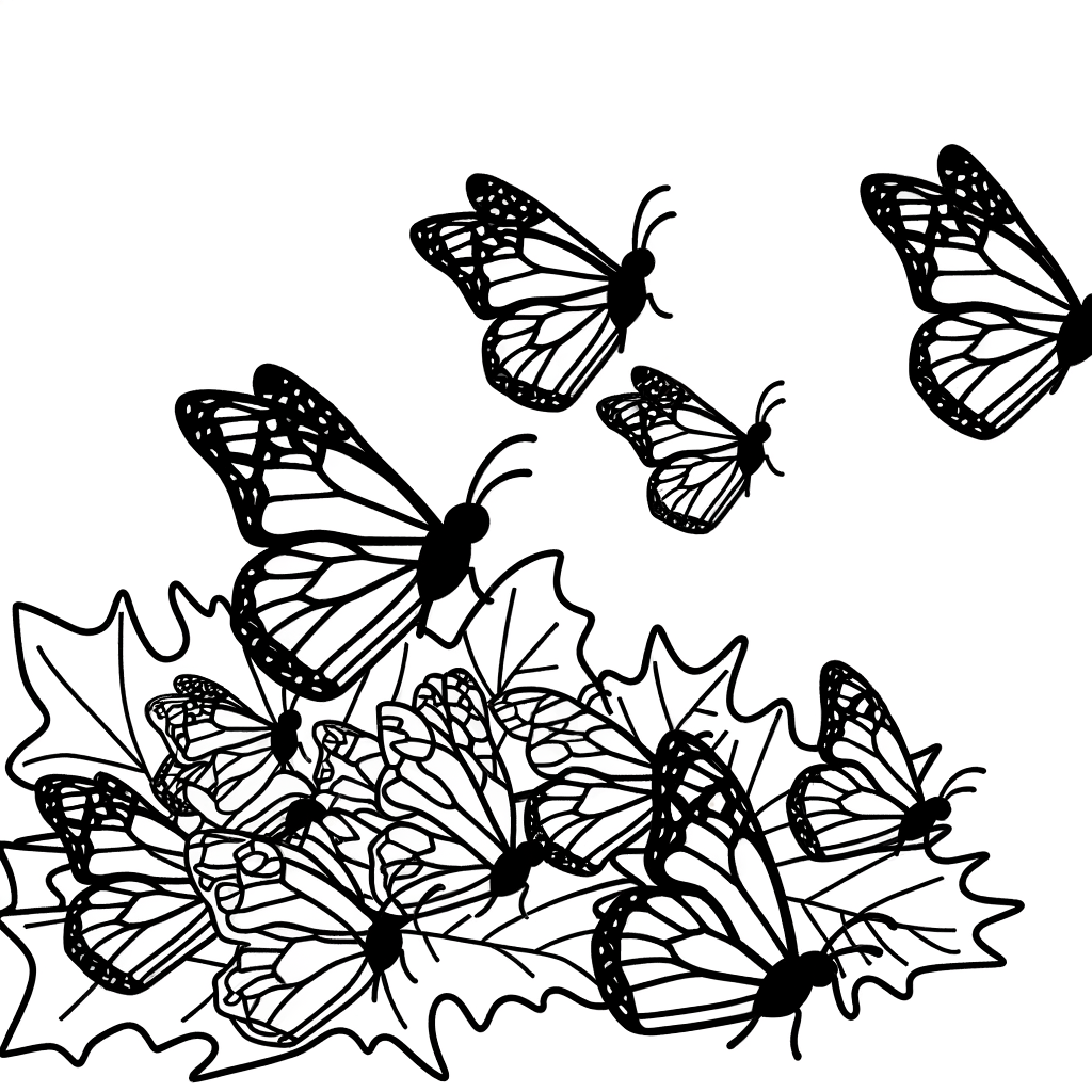 Monarch butterfly migration coloring page showing butterflies in flight