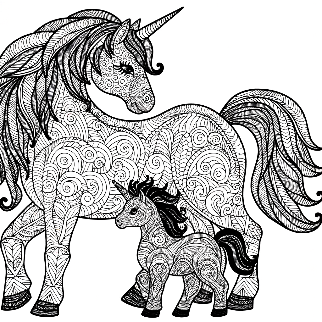 Mother unicorn standing beside her baby unicorn