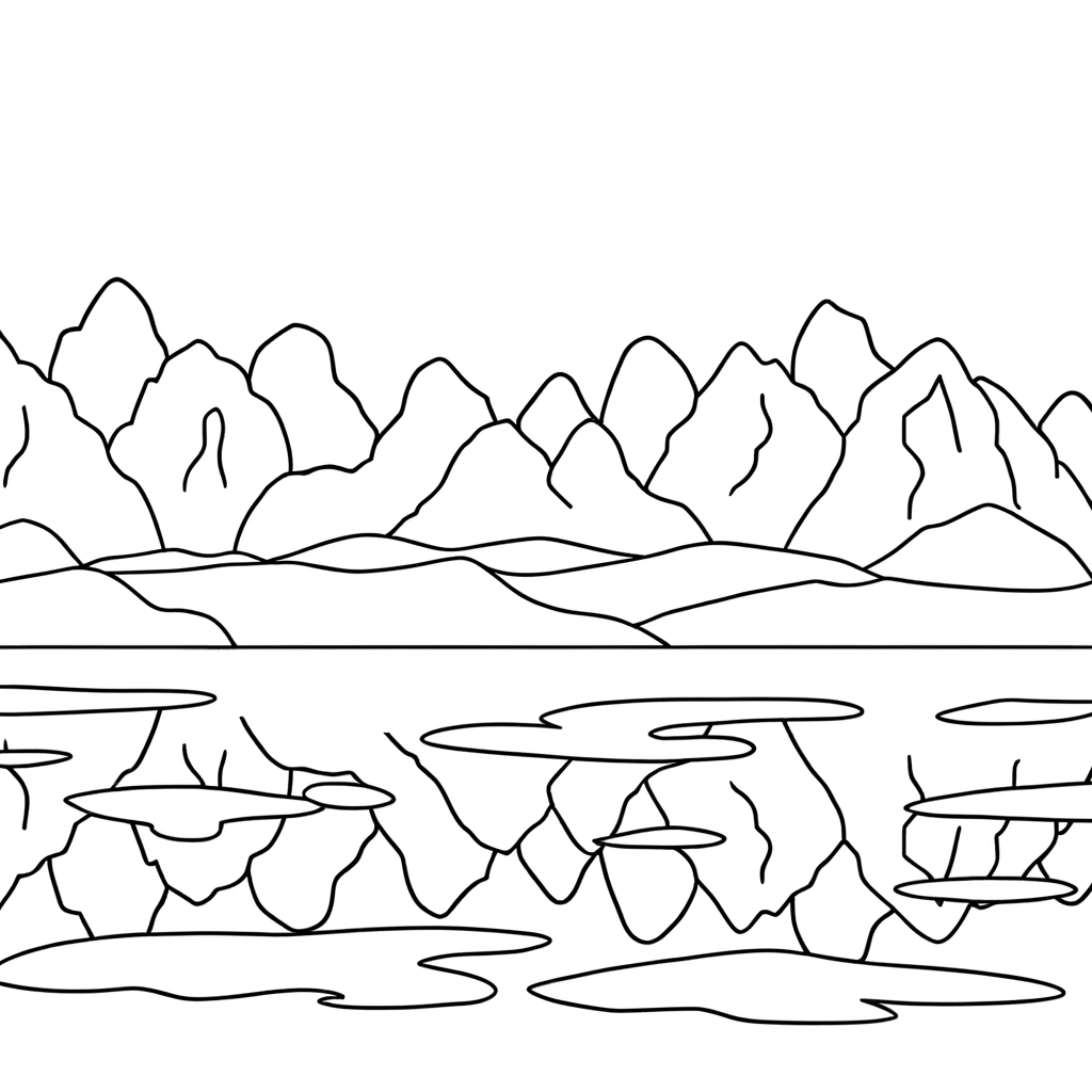 Mountain lake reflection coloring page illustrating serene landscapes.