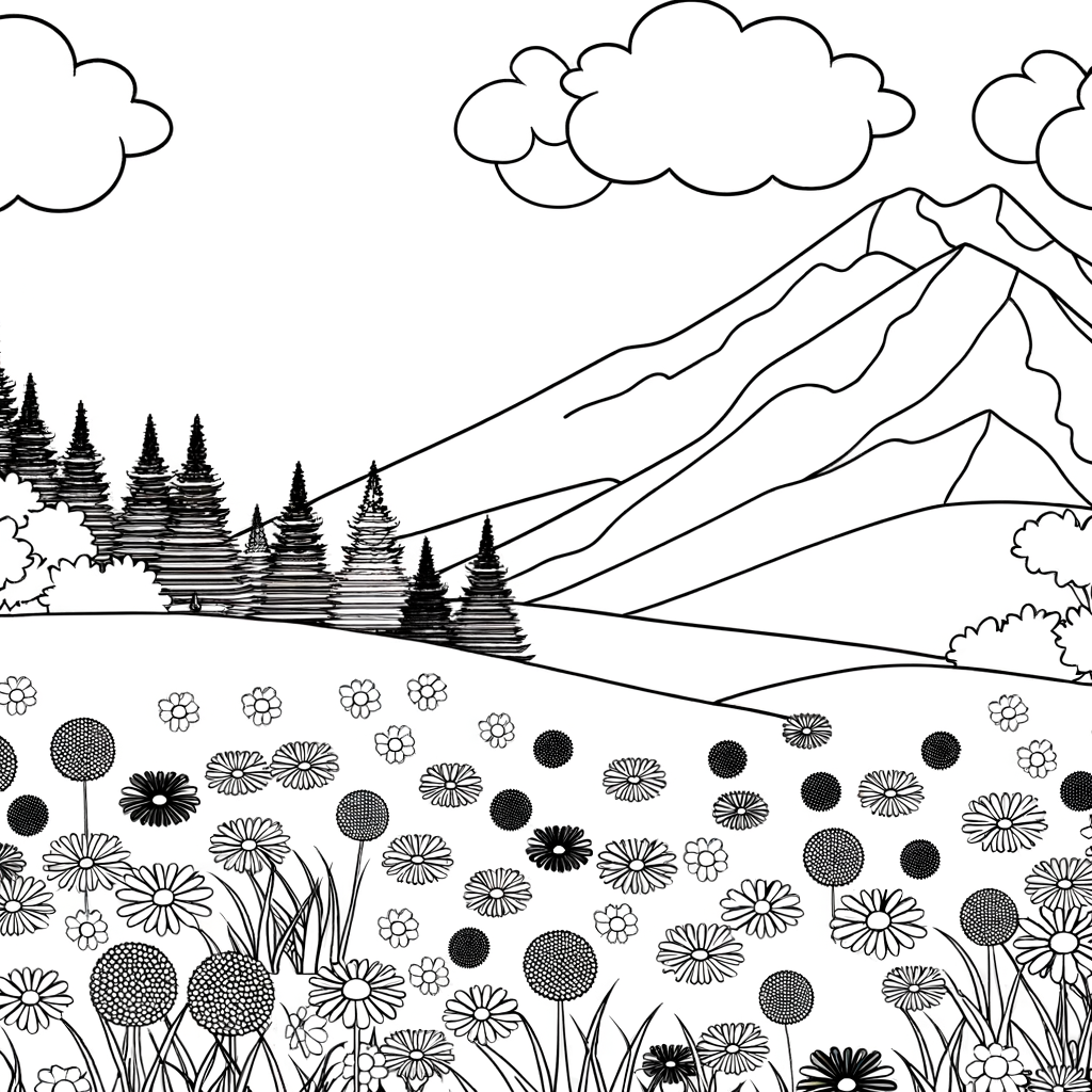 Mountain meadow filled with diverse wildflowers coloring page.