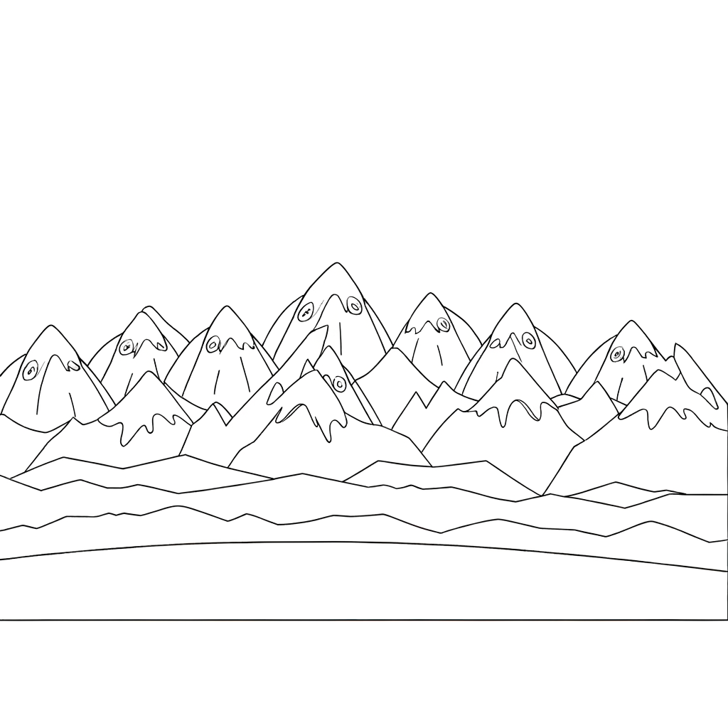 Mountain range panorama coloring page depicting a scenic mountain landscape.