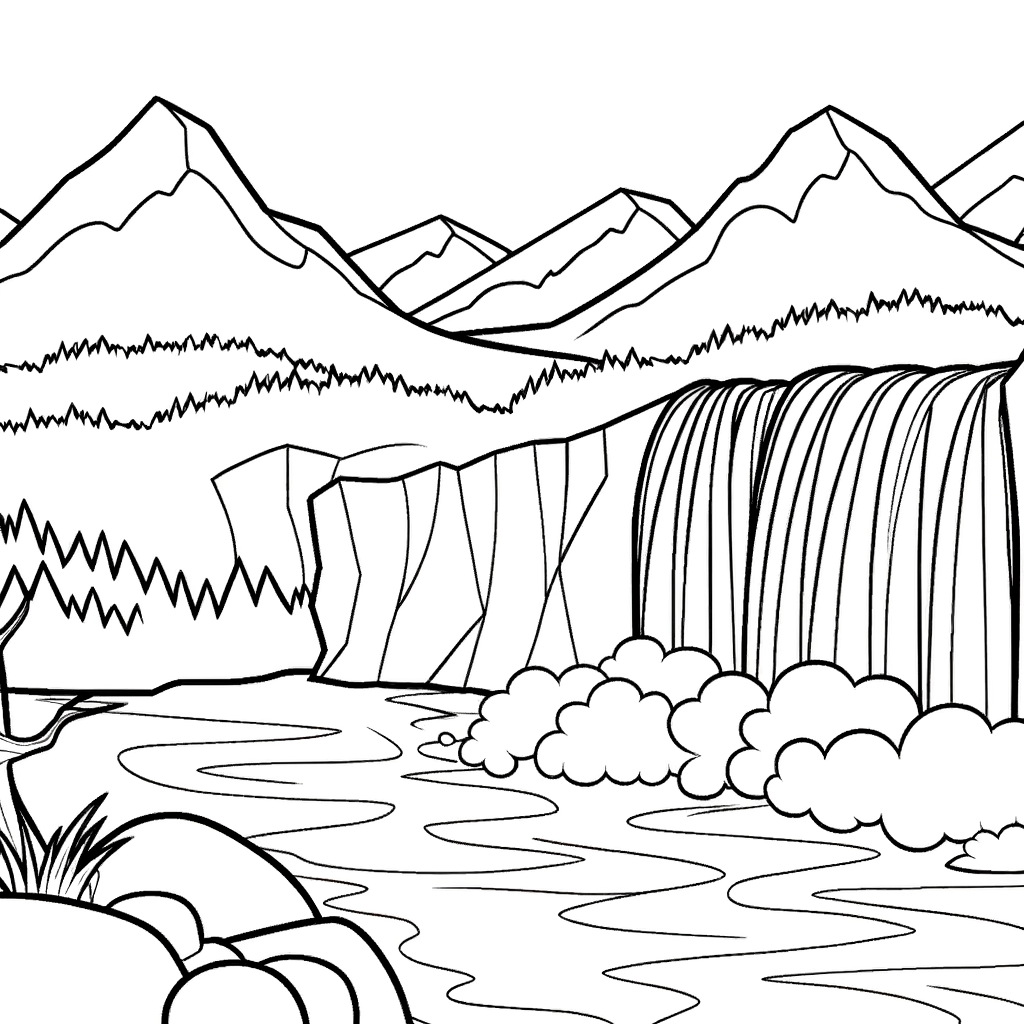 Mountain waterfall cascading coloring page for kids and adults