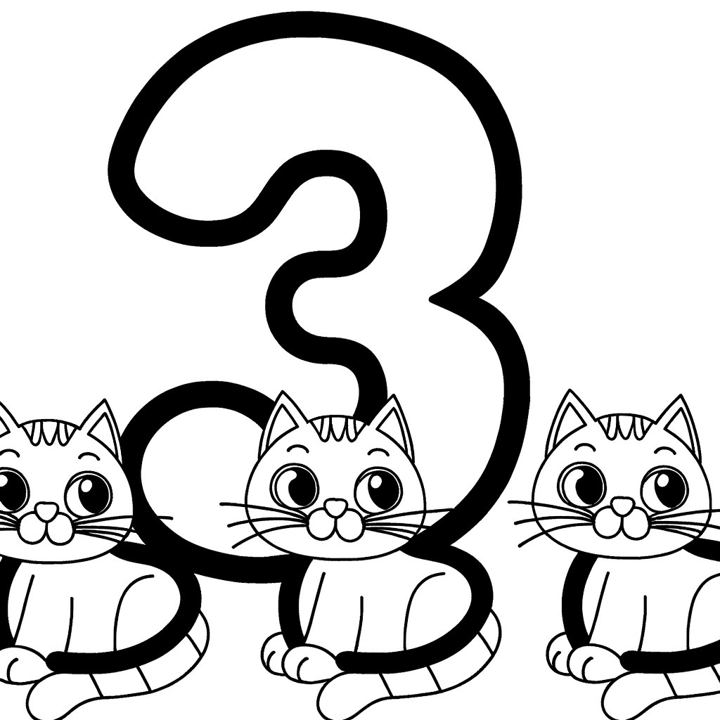 number 3 with three cats coloring page