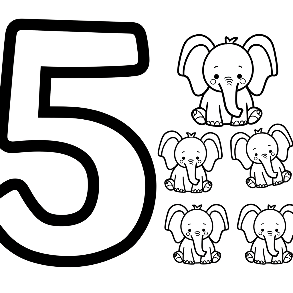 number 5 with five elephants coloring page