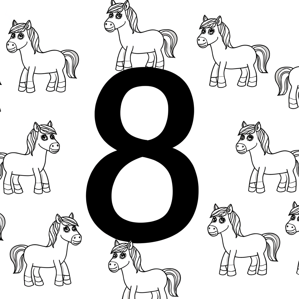 number 8 with eight horses coloring page