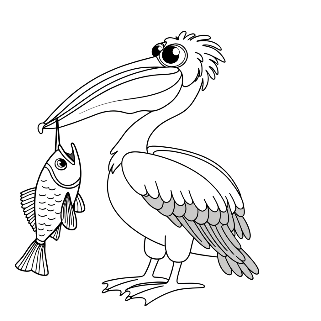 Pelican holding a fish in its beak coloring page